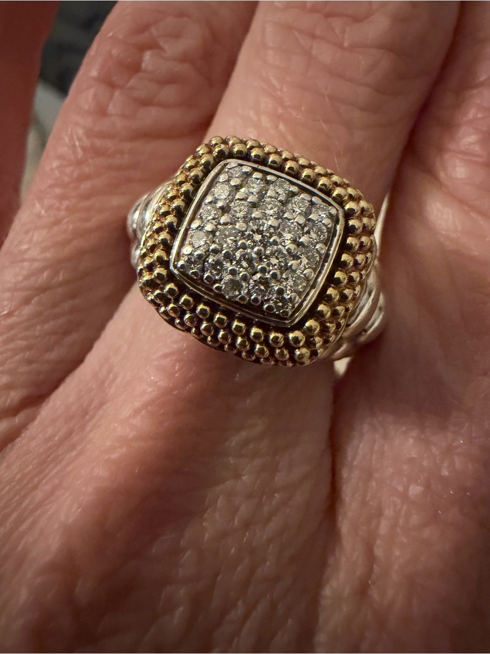 Lagos sterling silver and 18k yellow gold diamond caviar square tapered ring